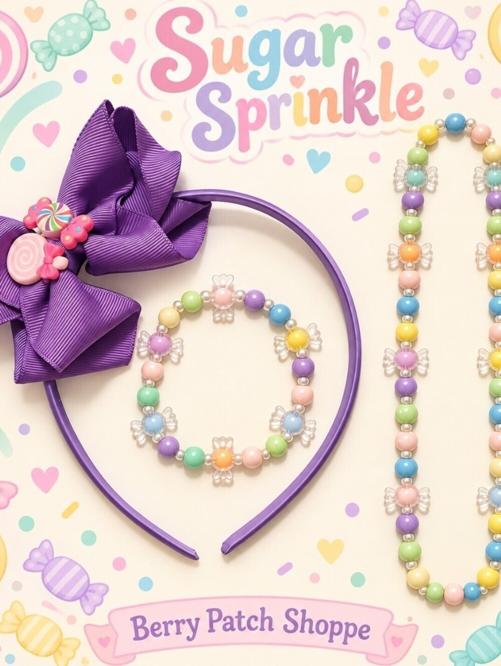 Candy Sugar Sprinkles Girl's Headband Necklace Bracelet Jewelry Accessory Set